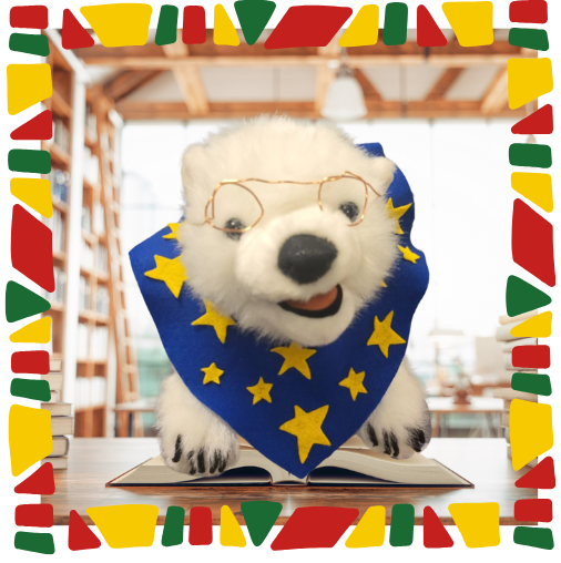 Vanilla, a polar bear, sitting on a book in a frame 