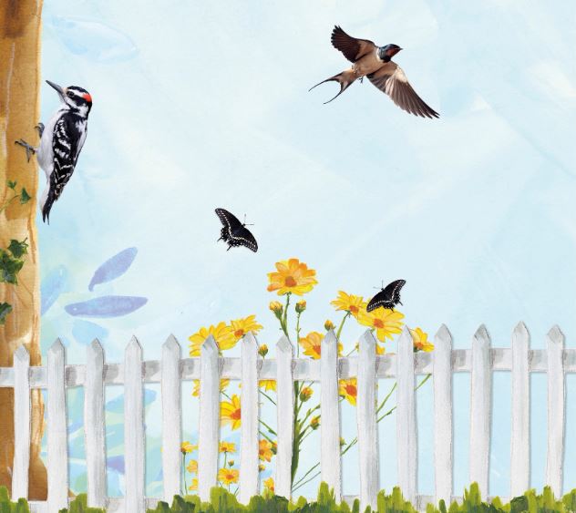 Illustration of woodpecker on tree, bird flying, and two butterflies around yellow flowers.