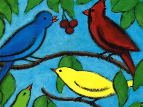 Cartoon illustration of blue bird, red bird, and yellow bird in green tree with blue sky.