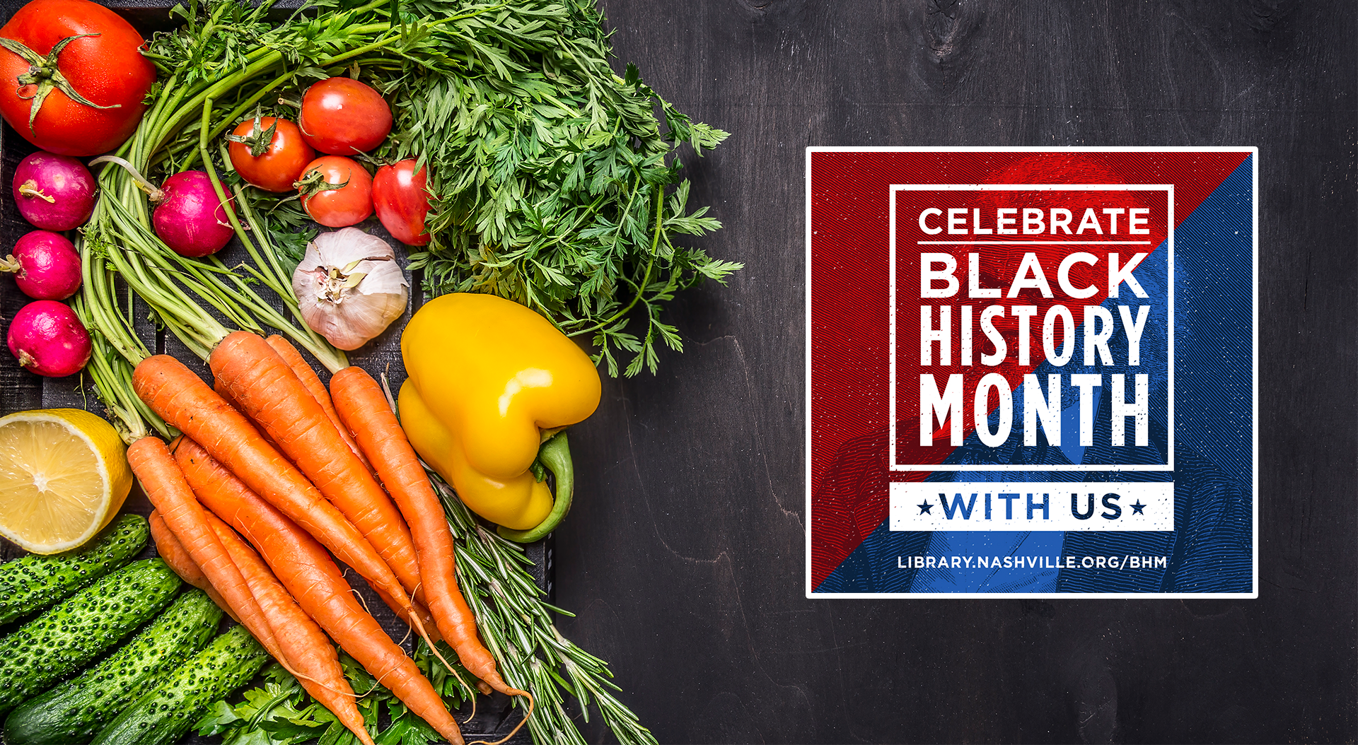 Black History Month logo with carrots, radishes, and yellow pepper.