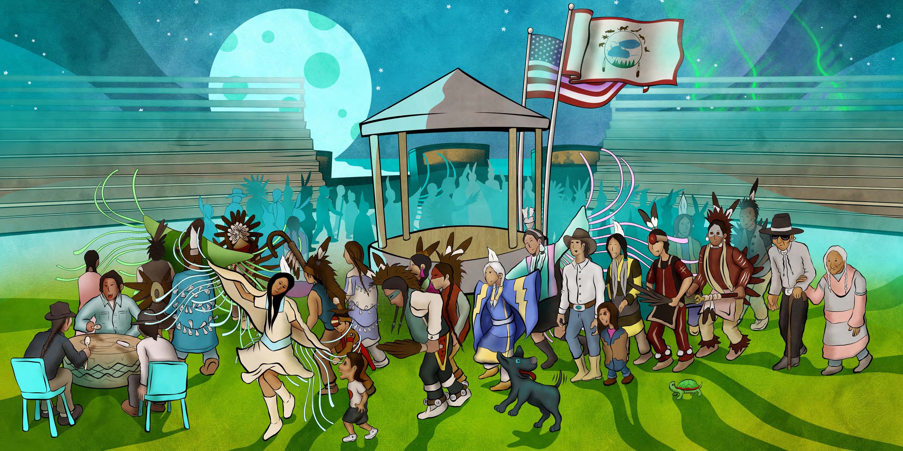 Illustration of American indigenous and non-indigenous people dancing around a gazebo.