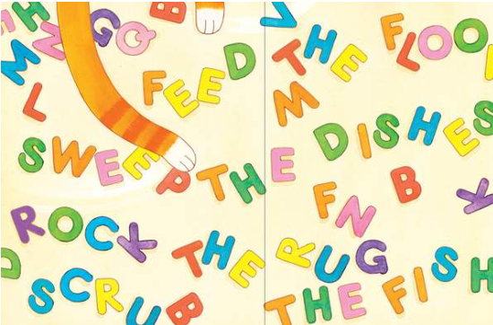 Cartoon illustration of orange cat paw rearranging colorful fridge letter magnets.