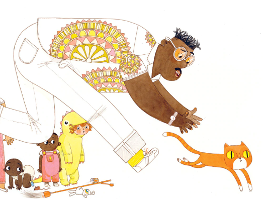 Cartoon illustration of man tripping as he chases a running orange cat.