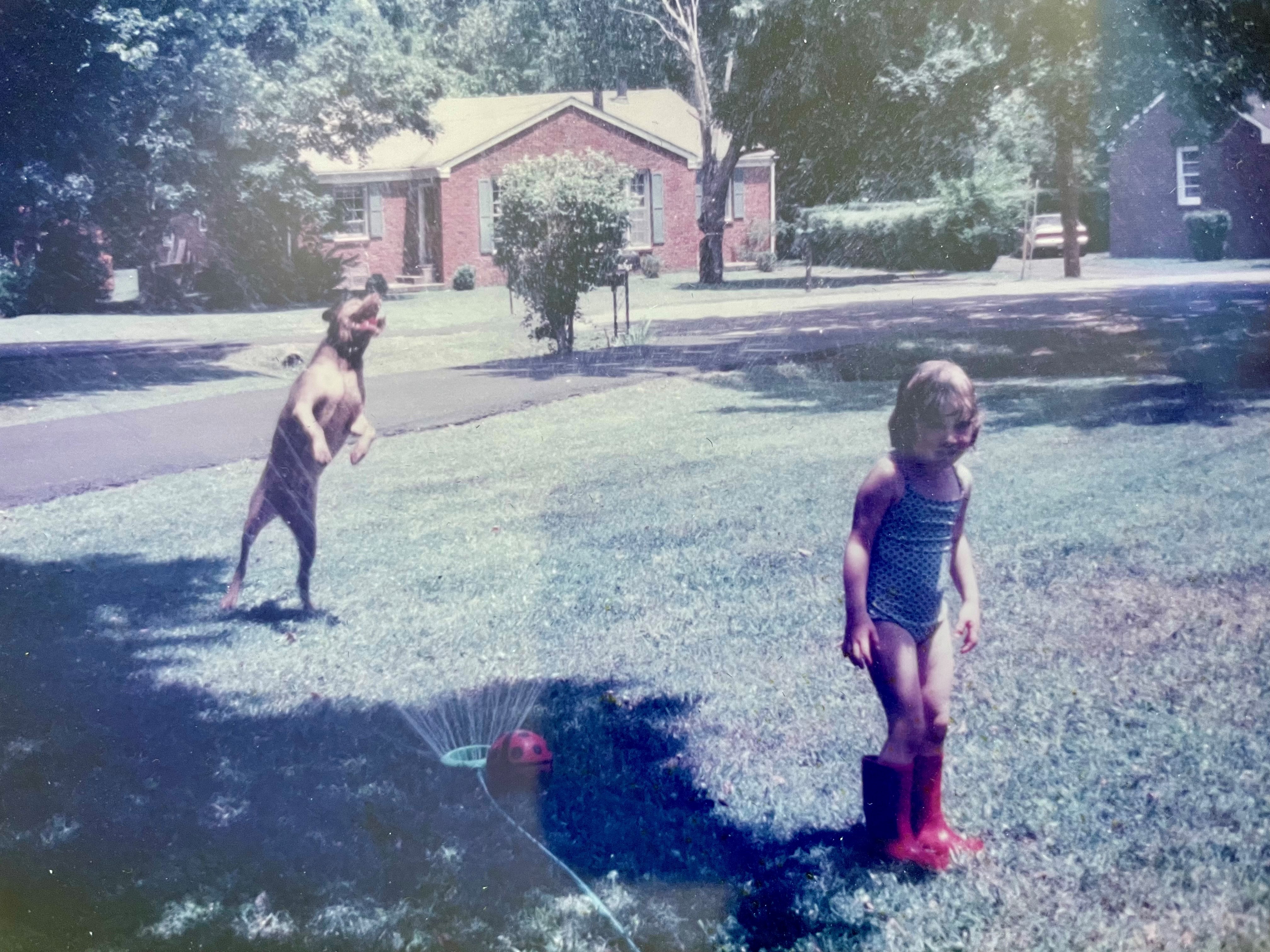 Old photograph of girl in red rain boots and swimsuit on lawn with sprinkler and jumping dog.