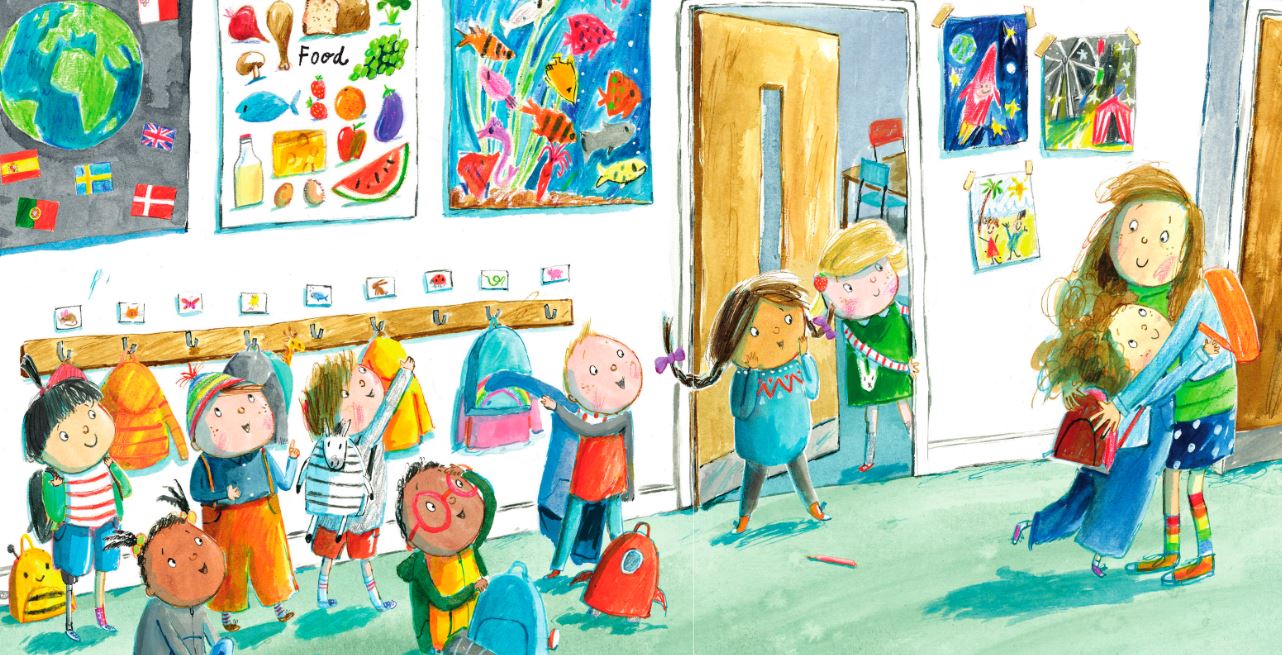 An illustration of a classroom hallway where children are hanging up their coats and bags while a teacher stands nearby.