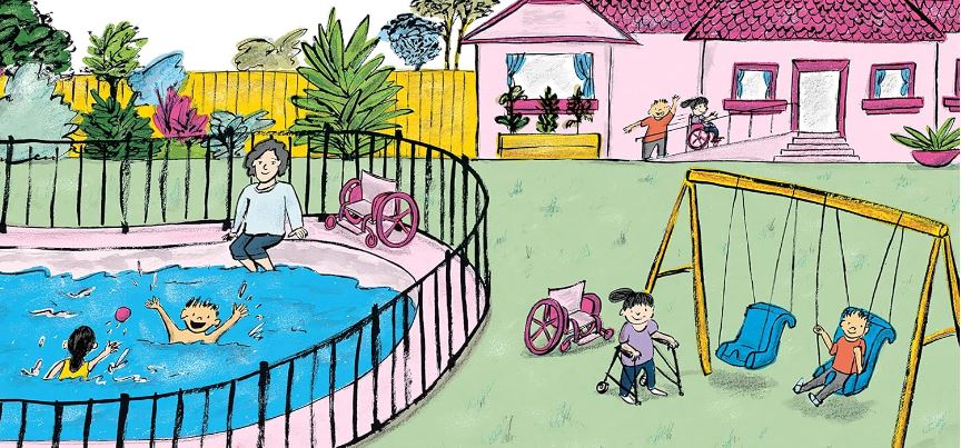 An illustration of an inclusive backyard featuring children playing in a pool and on a swing set, with visible wheelchairs and ramps.