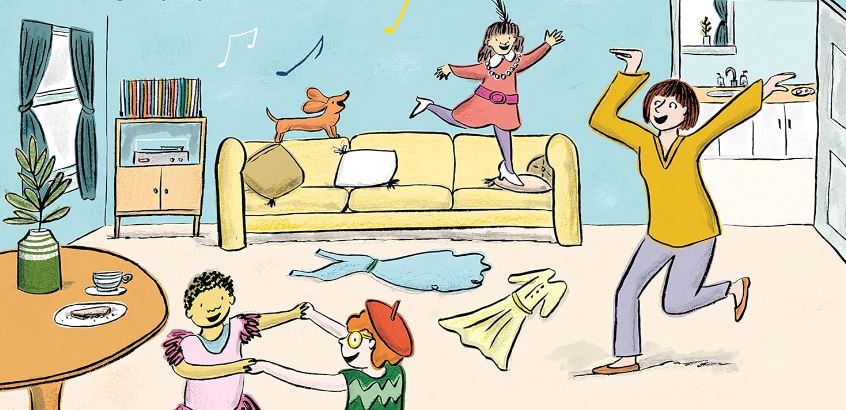 An illustration of a chaotic living room with children jumping on the sofa and a woman running with her hands in the air.