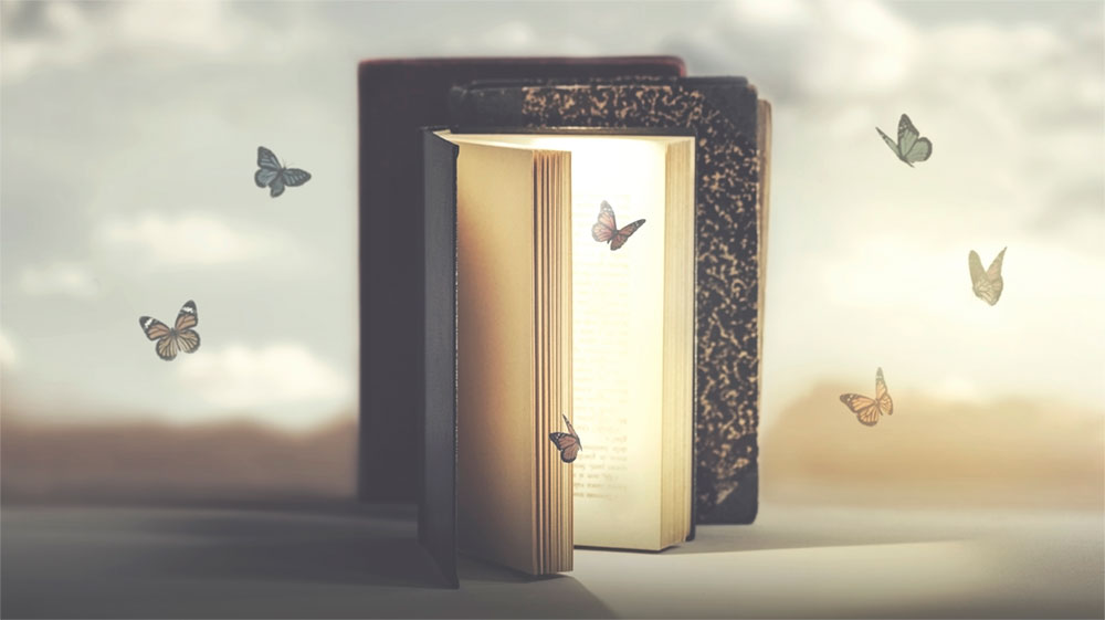 A glowing open book stands upright among other books, with several butterflies fluttering around it against a soft, hazy background.