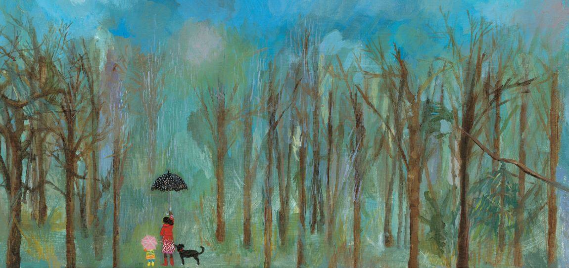 Illustration of springtime forest with woman and child holding umbrellas.