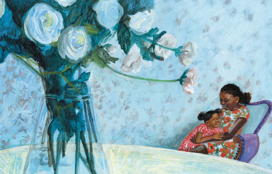 Illustration of glass vase of white flowers on table in foreground with woman and child smiling in chair in background.