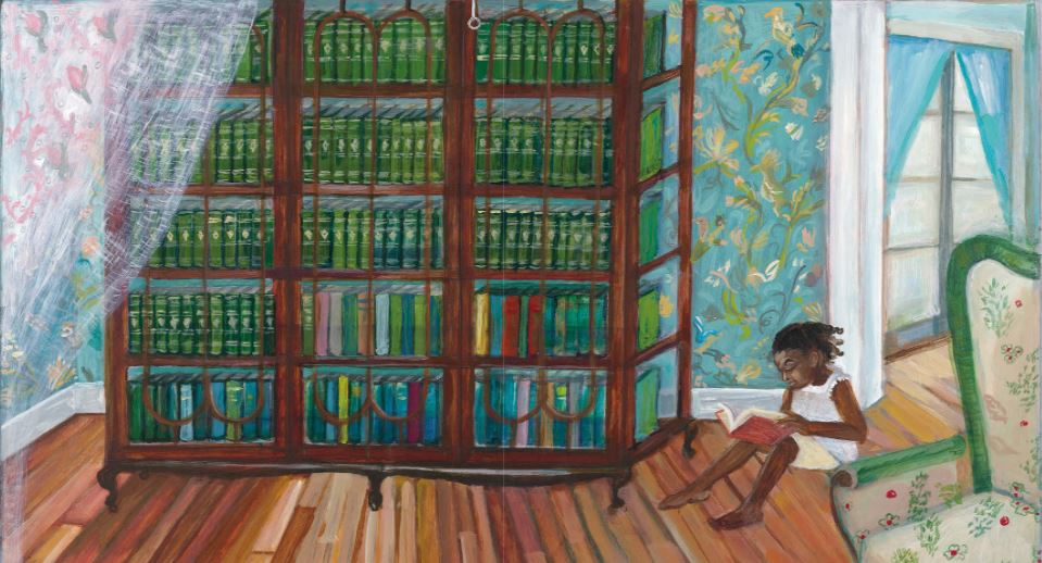 Illustration of child sitting on floor reading a book by a large glass front book shelf.