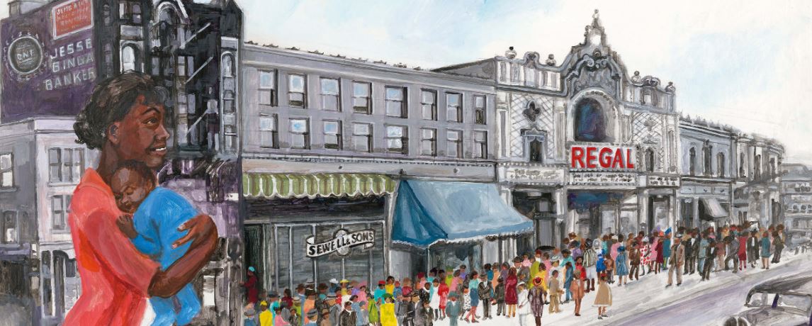 Illustration of woman in red dress holding baby walking downtown near movie theater.