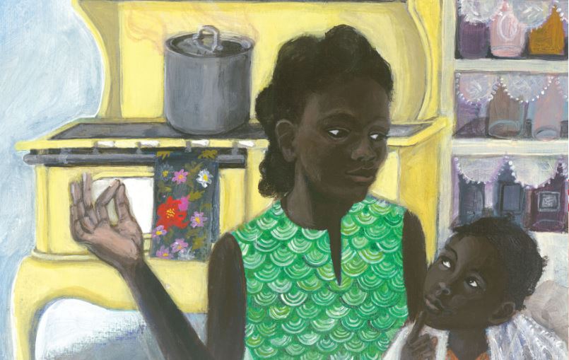 Illustration of woman in green dress looking at child next to her in kitchen.