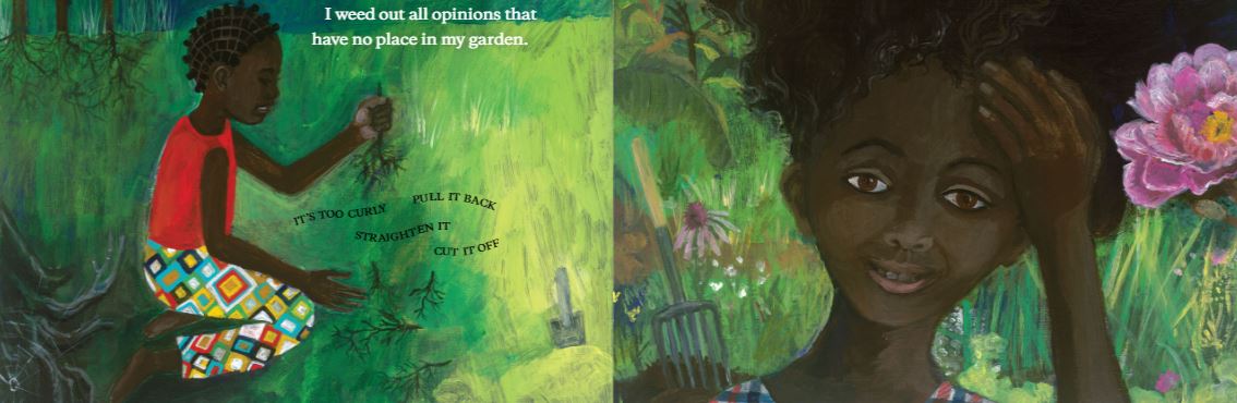 Children's picture book pages illustrations of children playing in green outdoor areas.