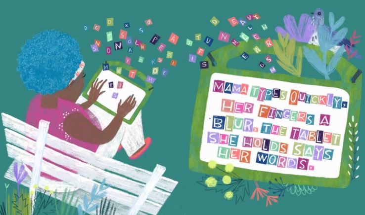 Illustration of a child on a white bench reading a book, as colorful symbols and shapes float from the pages toward a large grid of letters.
