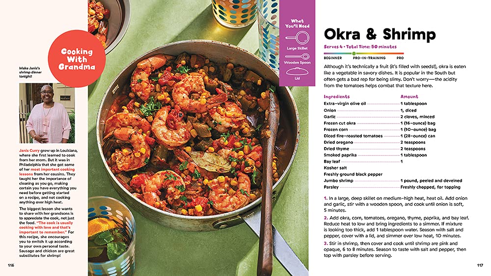 A cookbook layout for "Okra & Shrimp" featuring a large, vibrant photo of the cooked dish in a bowl next to a detailed recipe and ingredient list.