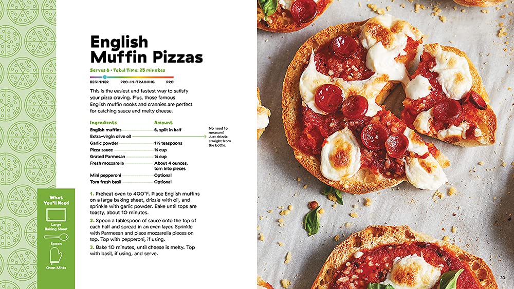 A cookbook page for "English Muffin Pizzas" features a recipe list on the left and a top-down photo of toasted, cheesy pizzas with toppings on the right.
