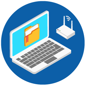 Laptop with a router on a blue background.