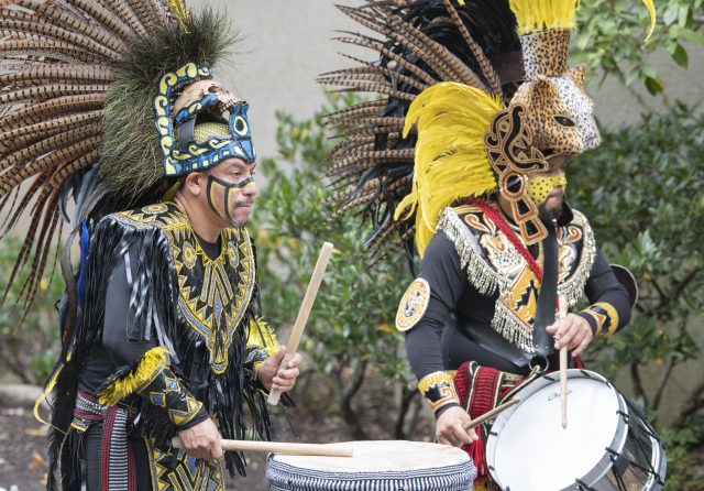 Two people in elaborate, feathered indigenous headdresses and traditional regalia play drums outdoors against a background of green foliage.