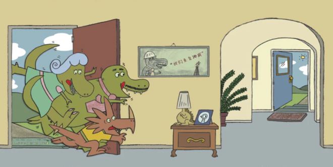 A cartoon of a large green alligator entering a house through the front door, while a small person stands at a desk in the hallway.