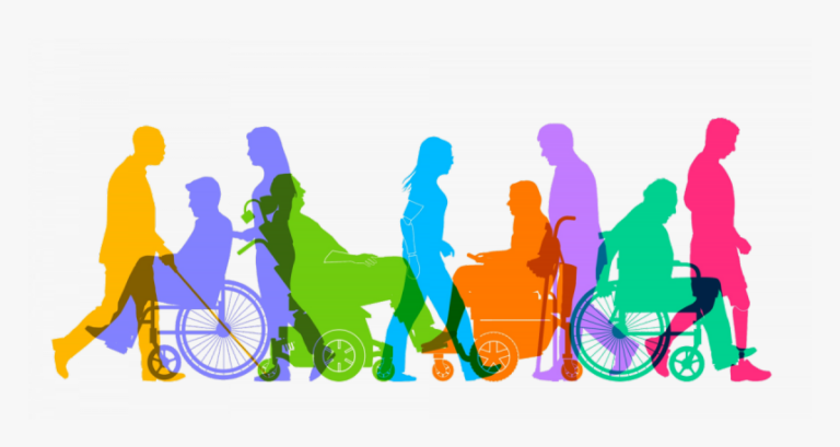Colorful, overlapping silhouettes of diverse people, including those using wheelchairs and prosthetics, walking together on a white background.