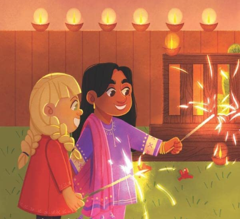An illustration of two young girls happily holding sparkling sparklers at night, with glowing lamps lining a wooden fence in the background.