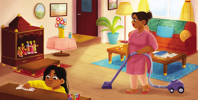 A warm illustration of a woman vacuuming a living room while a young girl sits on the floor nearby. The room is filled with colorful furniture and art.
