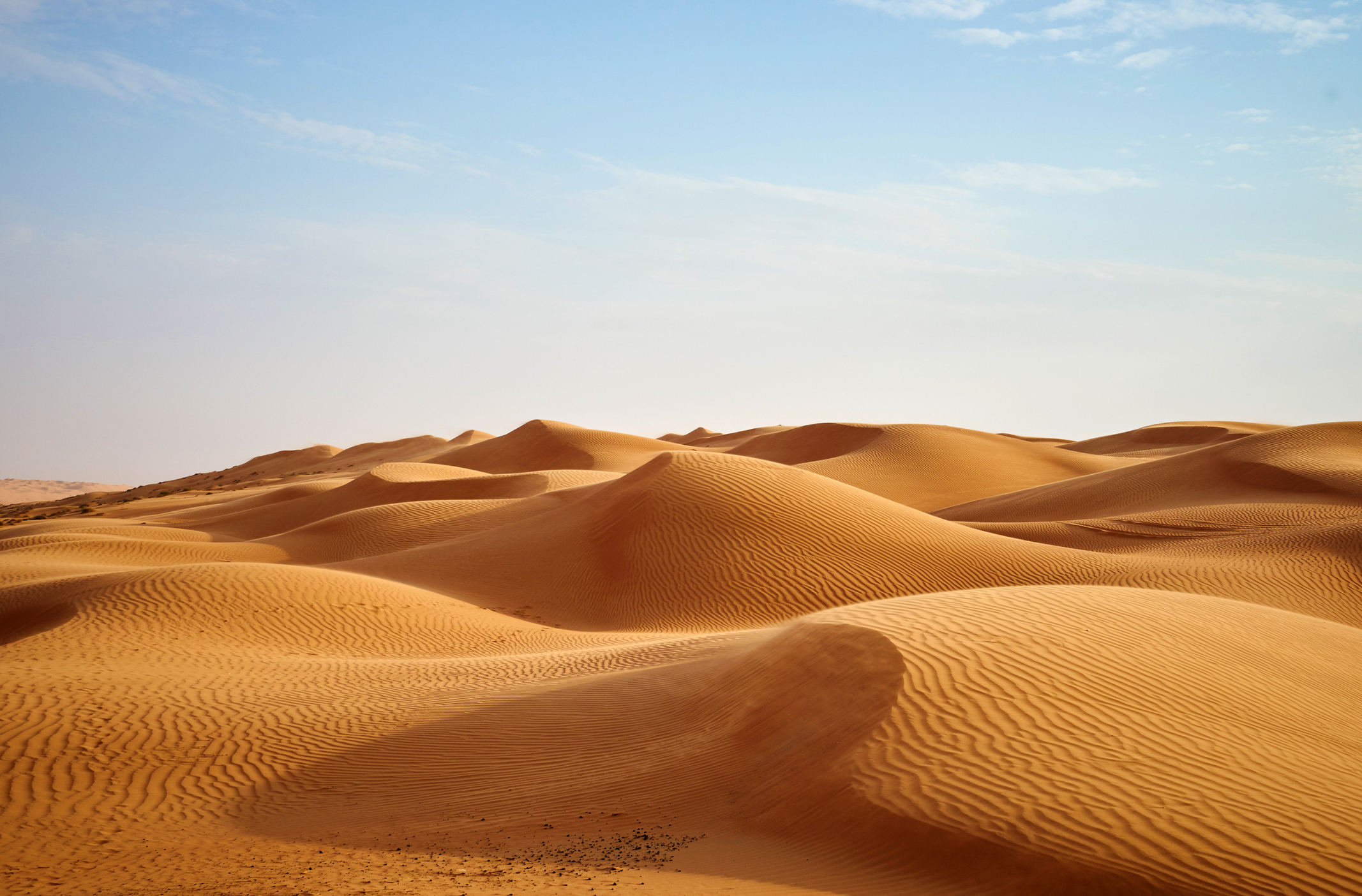 Landscape view of a sandy desert against a bright blue sky.