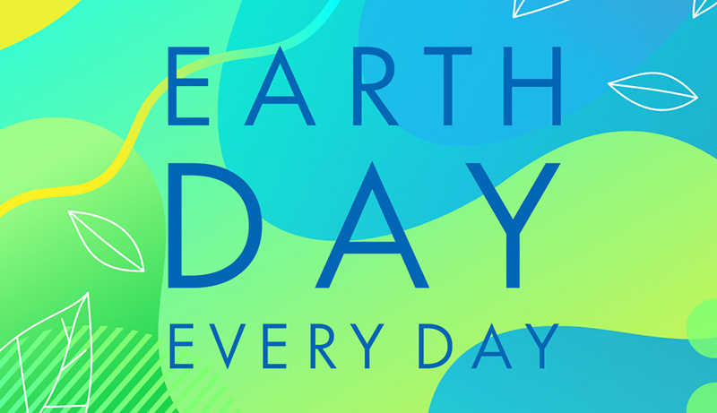 A digital flyer for an Earth Day event on April 22nd, featuring a green and blue Earth icon and a list of environmental activities to do at home.