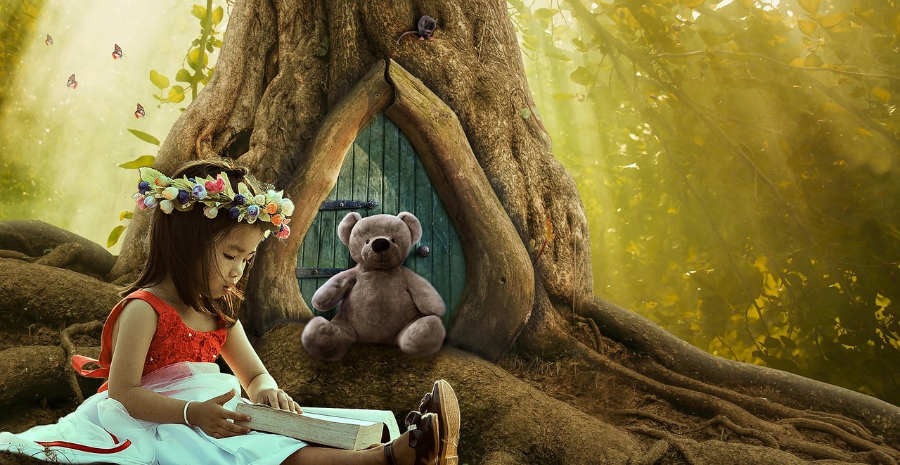 Small child reading a book in a fantasy world, by a tree with a door in the trunk.