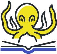 Yellow octopus looking at an open book.
