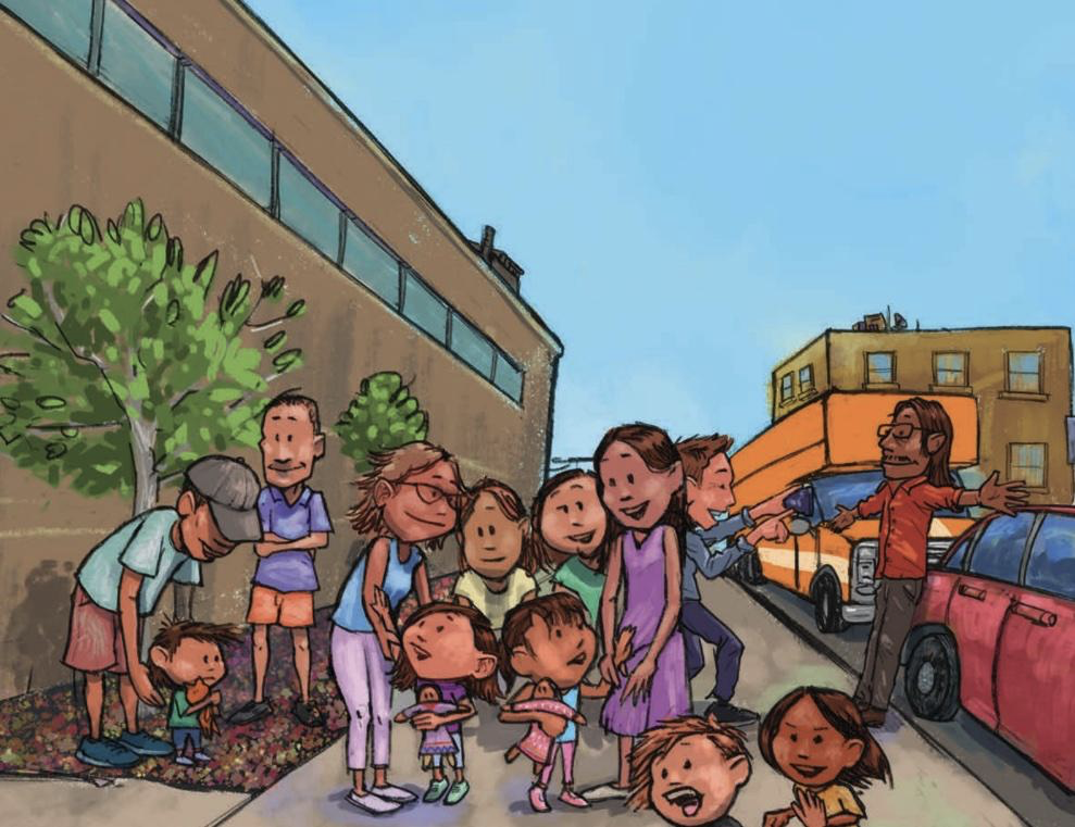 Illustration of happy parents and children gathered on the sidewalk.