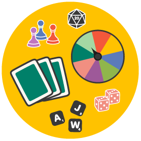 Illustration of board game pieces on a yellow circle.