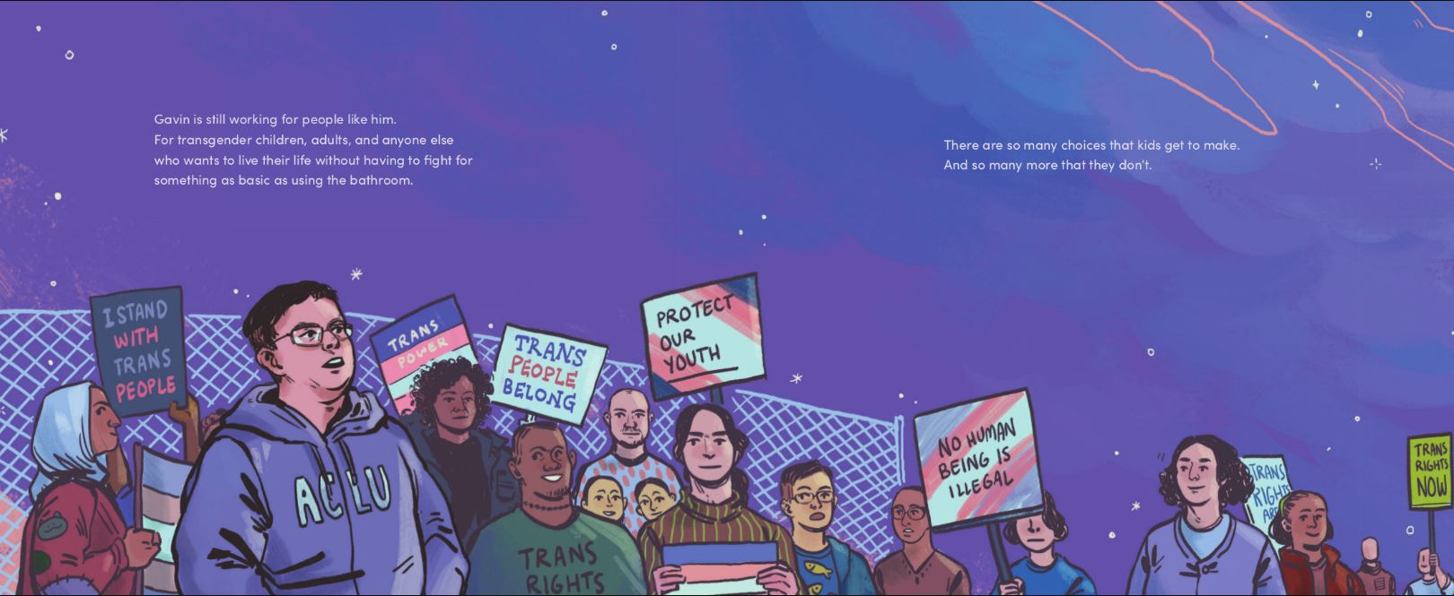 Illustration of people holding trans rights protest signs in the evening.