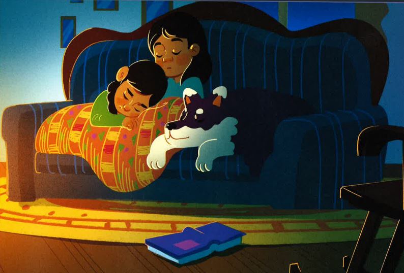 Cartoon image of two children sleeping on a sofa with a dog.