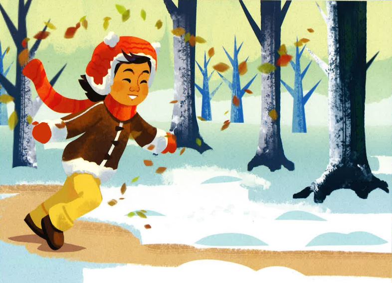 Cartoon image of child bundled up in warm clothes running through snow.