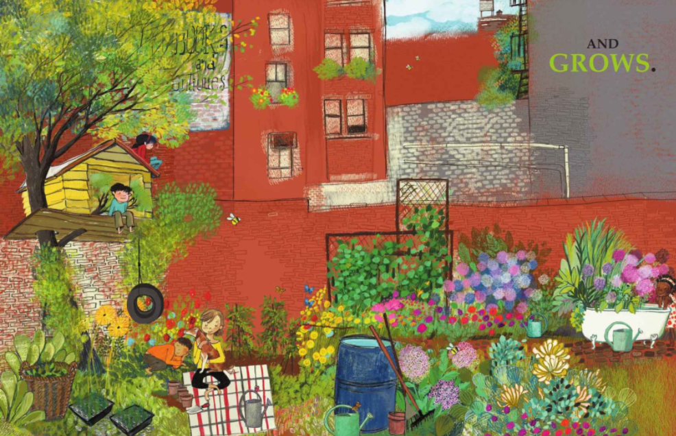 Colorful illustration of children in an urban garden with a treehouse. 