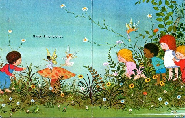 Book illustration of children in a garden looking at a large mushroom with fairies. 