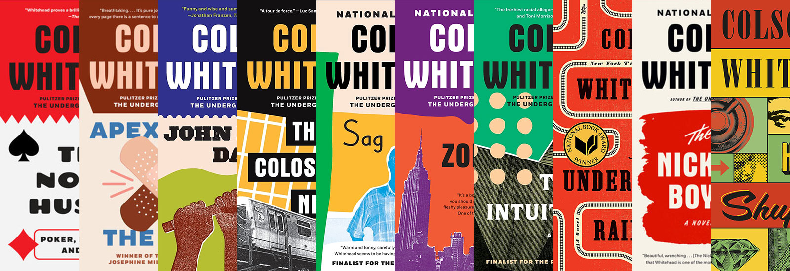 Overlapping colorful Colson Whitehead book covers. 