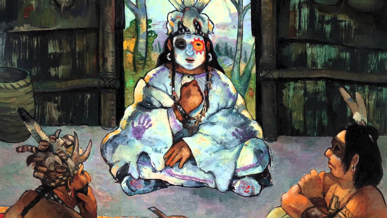 Illustration of Native American dressed in white, with white face paint. 