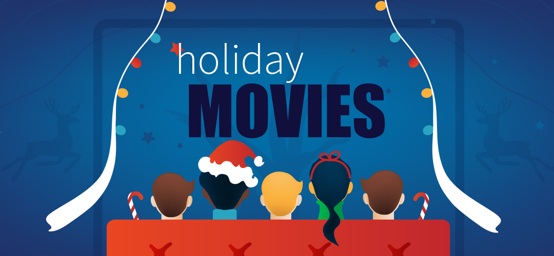 Holiday movies, with illustration of people's heads from behind. 