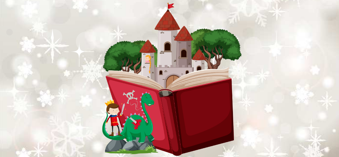 Illustration of a book with a castle emerging from it. 