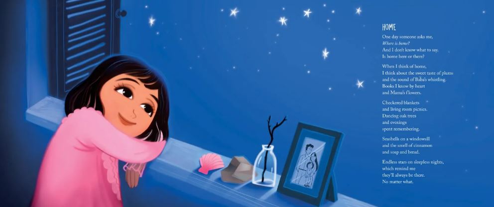 Book illustration of girl leaning her head on windowsill, looking at the stars.