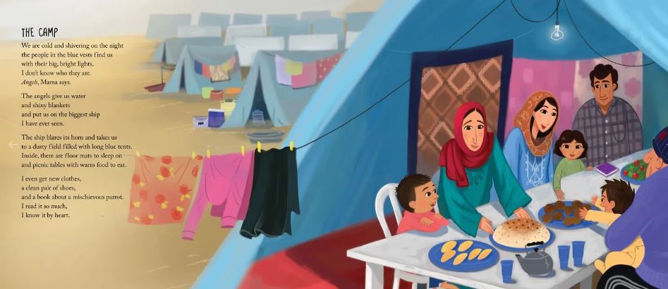 Book illustration of smiling family eating dinner in a refugee camp tent.