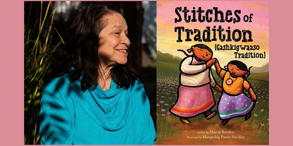 Book cover of Stitches of Tradition next to photo of smiling author in blue shirt. 