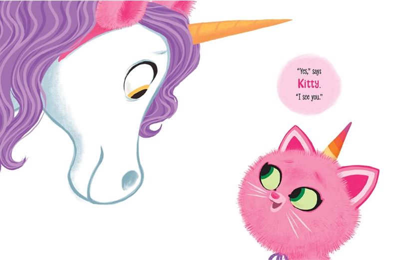 Illustration of unicorn looking down at small pink kitty with unicorn horn.