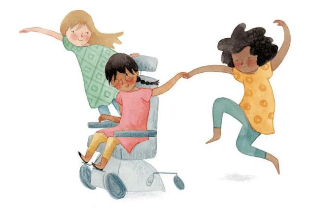 Illustration of three children dancing, one in a wheelchair.