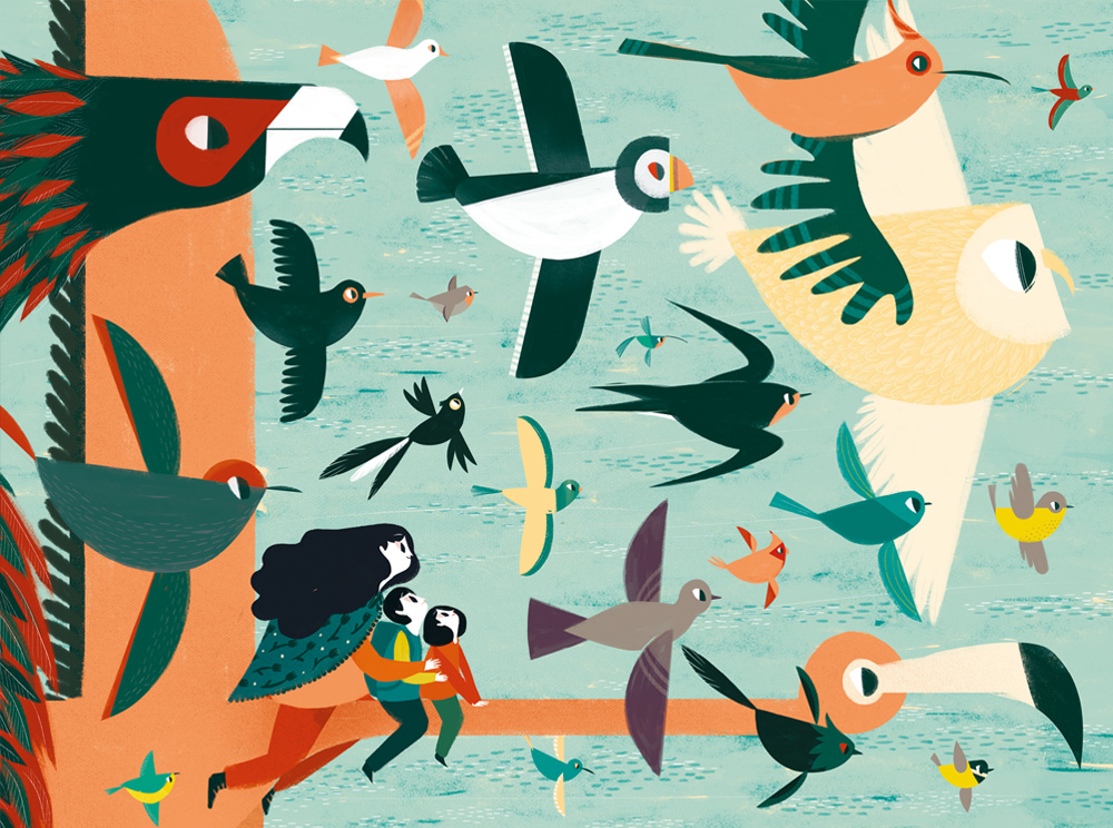 Cartoon image of woman and two children sitting on the neck of a flying bird, with many other flying birds around.