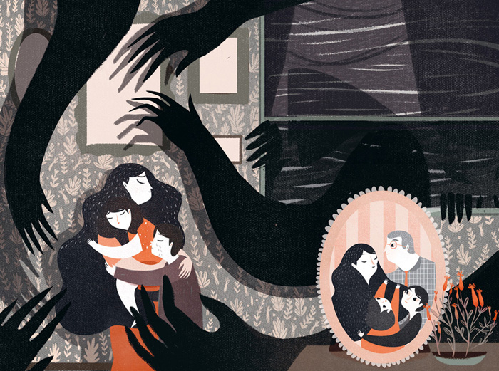 Cartoon illustration of woman shielding two children in her arms from scary black shadow arms. 