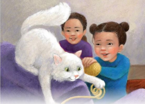 Illustration. Two girls playing with cat.